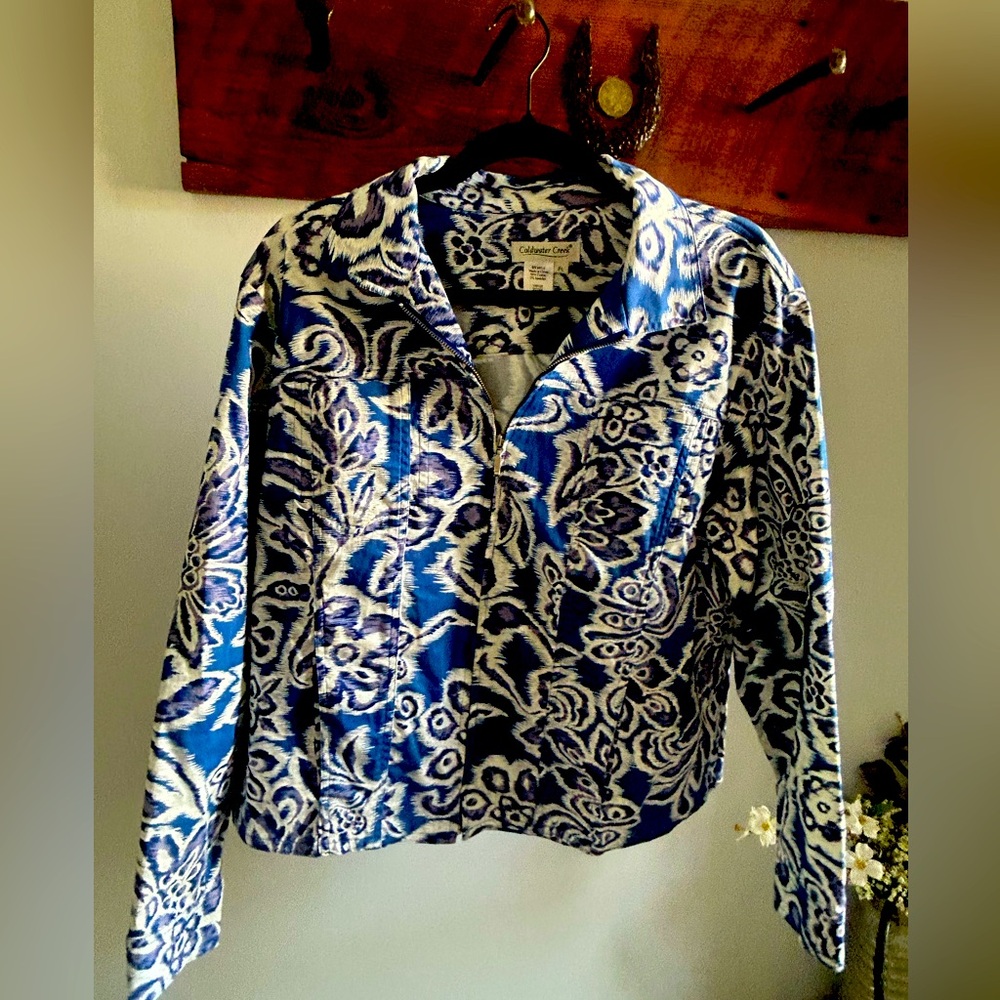 Coldwater Creek Cobalt and White "Moonlight Floral" Zip Women's Jacket